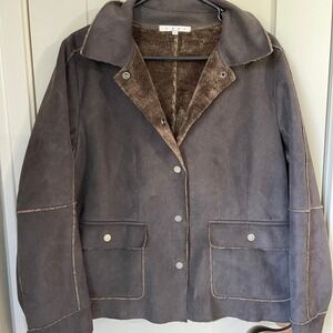 CABI Women's Shaggy Suede Snap Front Jacket Brown Plush Lined Faux Fur Large‎